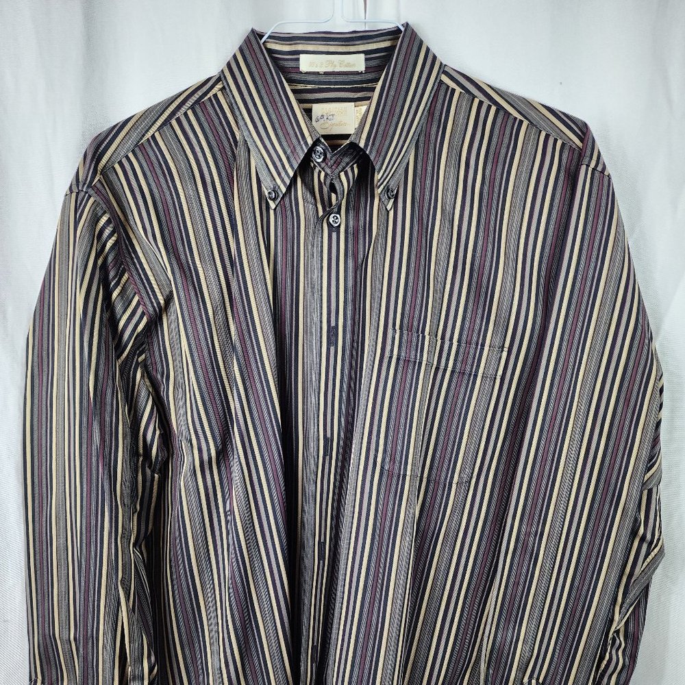 Parisian Signature tan, gray, black and maroon striped dress shirt size Large.